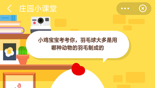 蚂蚁庄园羽毛球用哪种动物羽毛制成的？